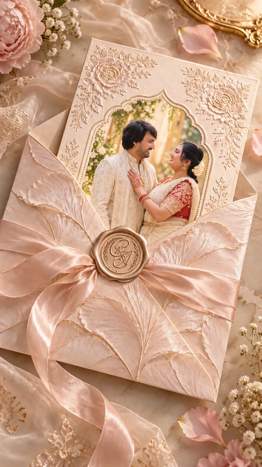 Blush envelope with embossed petals, satin ribbon and a gold C & A wax seal, holding an invitation card with Charitha and Anvesh's wedding portrait